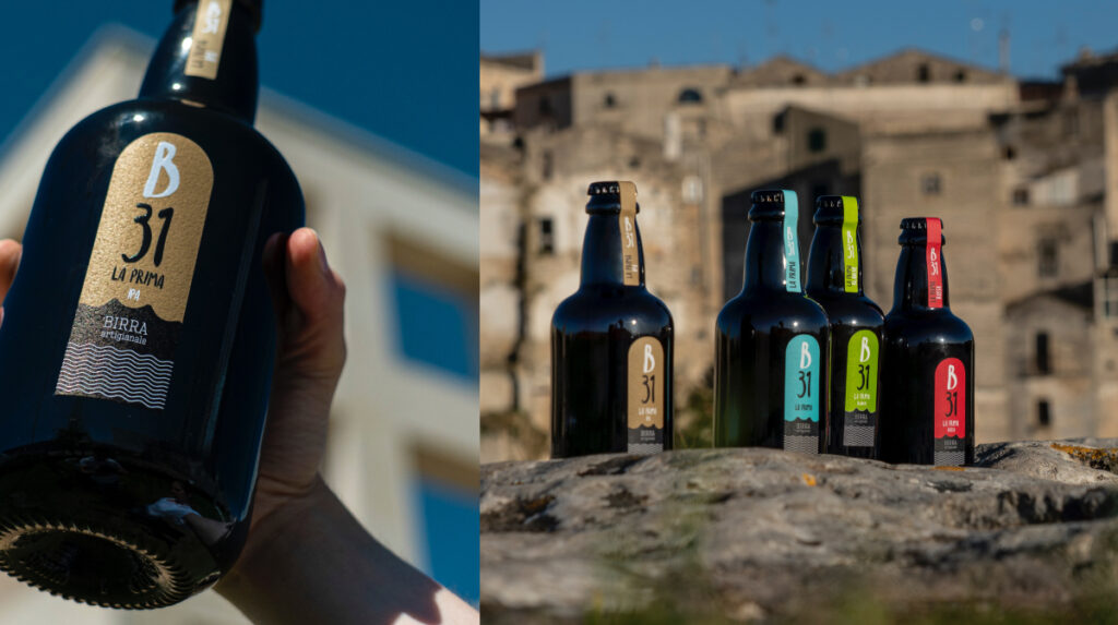 composizione di due immagini: Nella prima una mano tiene una bottiglia di Birra IPA della linea La Prima, nella seconda le birre della linea La Prima sullo sfondo la città di Gravina