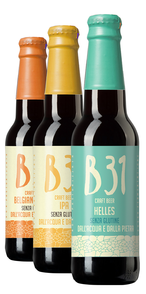 Le tre birre artigianali B31 della linea Color Craft Gluten Free: Helles, Rossa, IPA e Belgian Red Ale