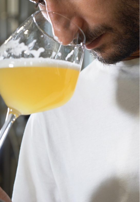 Degustazione birra artigianale: un uomo testa l’aroma con il naso nel calice